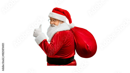 Happy Santa Claus cartoon character in red suit with a gift bag, isolated on a white background for Christmas and winter holiday greeting illustration