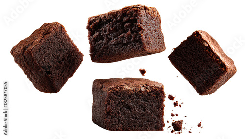 Four chocolate brownie squares floating against a dark background
