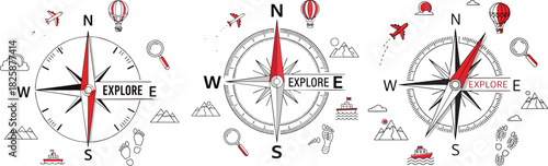Explore Compass Illustrations Travel, Navigation, Direction, and Adventure Concept with Vector Graphics