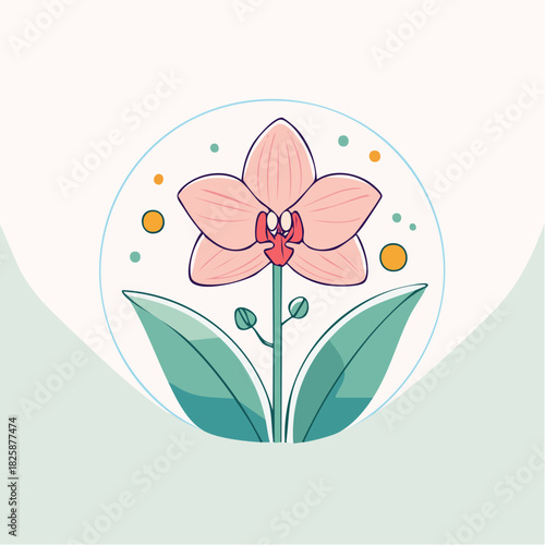 Delicate Pink Orchid Flower in Circular Frame with Green Leaves and Orange Dots Against a Soft Gradient Background