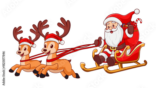 Happy Santa Claus cartoon character in red suit with a gift bag, isolated on a white background for Christmas and winter holiday greeting illustration