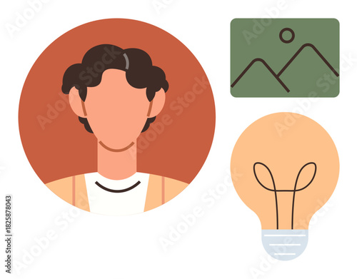 Abstract human with curly hair, green photo gallery icon, and lightbulb representing a creative idea. Ideal for creativity, innovation, personal identity, photography, conceptual thinking, design