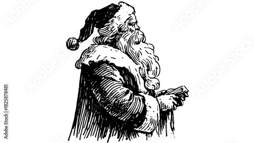 Vintage black hand drawn vector sketch illustration of a man santa claus