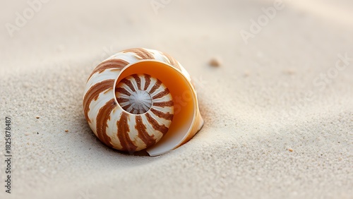 calcified. A spiral seashell on smooth sand, intricate textures visible in soft morning light. gardening catalogs, home-decor guides, designed for home decor and floral branding.