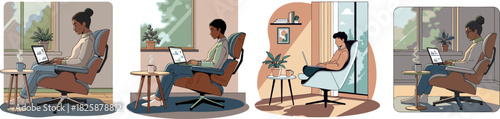 Diverse individuals working remotely from home in comfortable and well-lit spaces, showcasing modern work-life balance