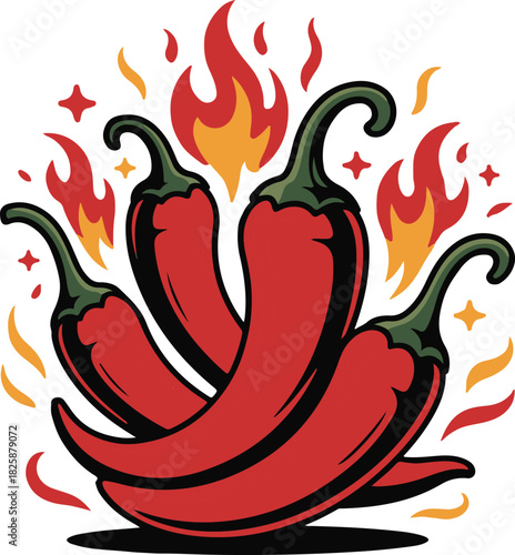 Pile of Red Hot Chili Peppers With Fire Flames and Decorative Stars Illustration