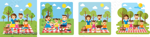 Family enjoying a delightful outdoor picnic amidst lush green trees and a sunny blue sky, creating cherished memories