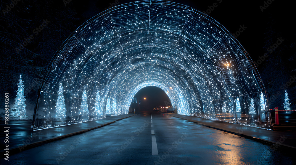 Fototapeta premium Blue Christmas light tunnel over wet winter road at night