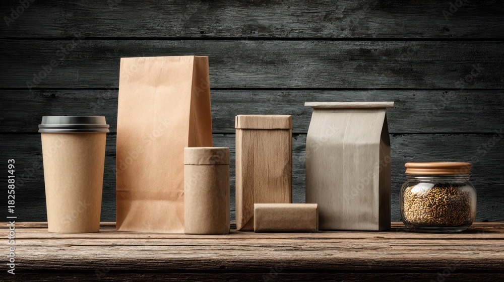 Naklejka premium Craft packaging designs on wooden surface