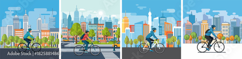 Dynamic vector illustrations of individuals embracing active and sustainable urban cycling, navigating vibrant cityscapes for eco-friendly commutes, health, and leisure