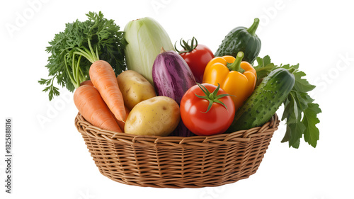 Freshly picked vegetables in a woven basket ready for a healthy meal preparation on transparent background