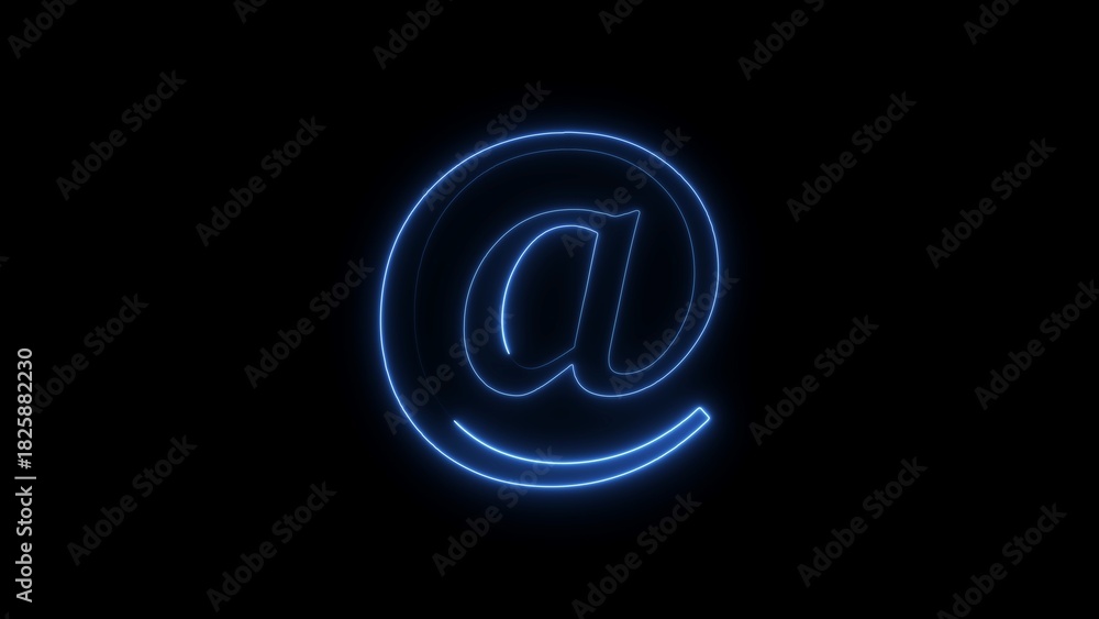 Obraz premium Blue Neon At Symbol Glowing Against Black Background at sign email symbol