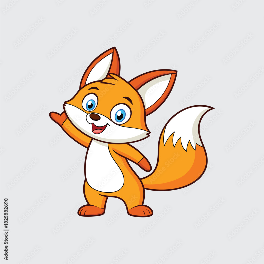 Fototapeta premium Cute Friendly Fox Cartoon Character Waving Hand Vector Illustration Isolated on Light Gray Background with Joyful Expression for Childrens Design at Studio Shot 200 Character