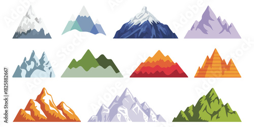 Rock Mountain Relief With Snowy Cliffs And Rugged Hills, Isolated Rocky Peaks And Cartoon Canyon Silhouettes Designed As Scenic Nature Elements For Hiking And Outdoor Themes, Clean Vector Illustration
