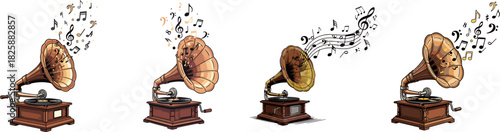 Vintage Phonograph Melody Classic Music and Sound Waves Illustration