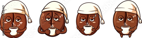 Whimsical cartoon coffee beans awakening with a warm brew, depicting sleepy yet hopeful morning vibes for a fresh start to the day