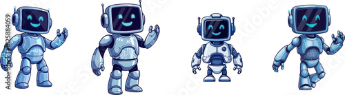 Four charming blue cartoon robots with friendly, expressive screen faces, playfully waving, representing modern technology, artificial intelligence, and digital interaction