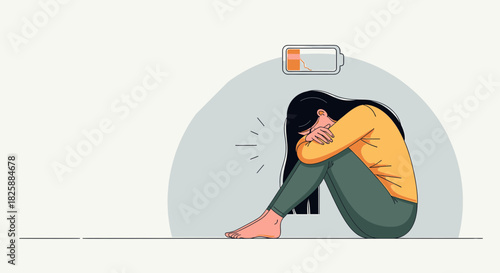 A person feeling exhausted and overwhelmed with a low battery icon above their head.