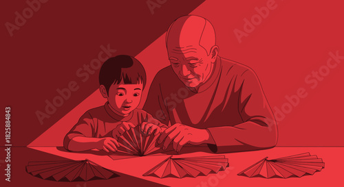 A grandfather and grandson are engrossed in a shared activity, meticulously arranging colorful paper fans on a table, creating a moment of connection.