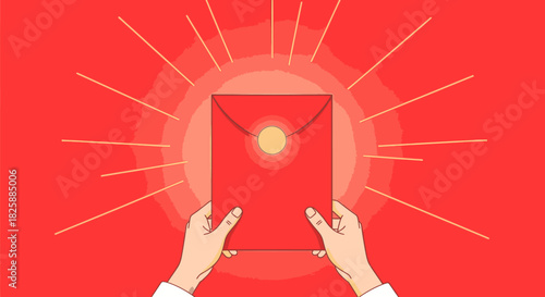 A pair of hands delicately holds a bright red envelope, symbolizing gifts, prosperity, and the spirit of celebration against a radiant backdrop.