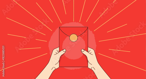 A person's hands holding a red envelope with a gold coin, radiating light, symbolizing luck and prosperity in a vibrant illustration.