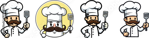 Chef Mascot Holding Spatula Various Cartoon Character Designs for Culinary Professionals