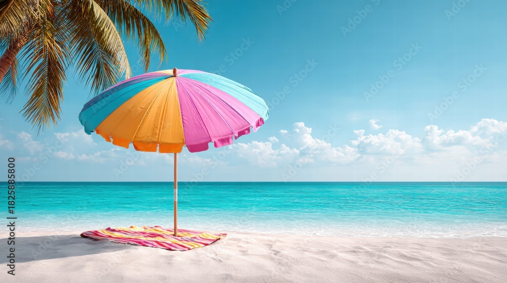 Fototapeta premium Beach scene with a colorful umbrella, palm trees, and the ocean under a blue sky.