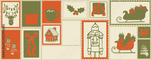Seamless vector pattern featuring vintage Christmas postage stamps with holiday icons: reindeer, hot cocoa, sleigh, nutcracker, holly, mittens, gingerbread house, and bows.