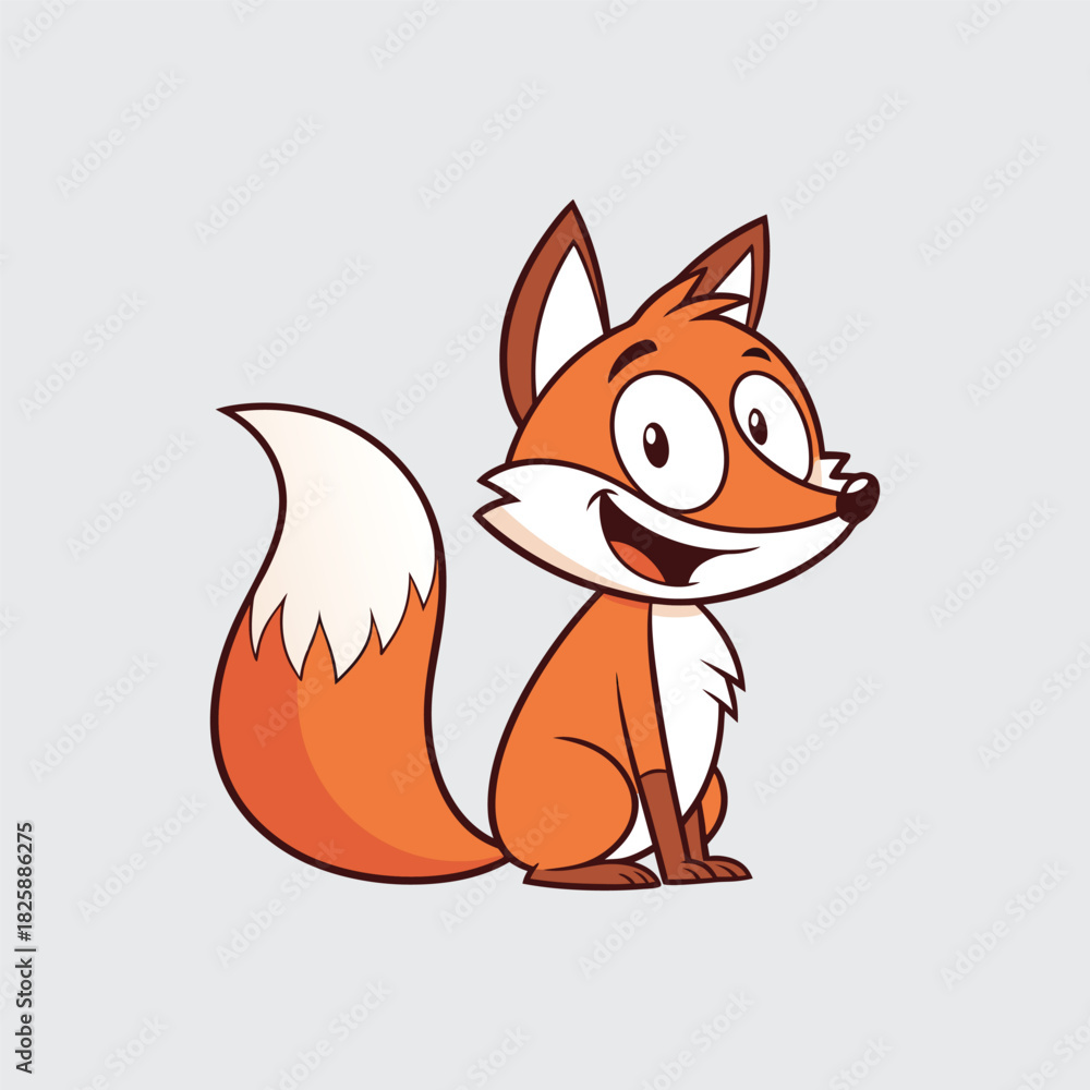 Obraz premium Happy Fox Cartoon Character Sitting Vector Illustration Isolated on Light Gray Background with Joyful Expression for Childrens Design at Studio Shot 200 Character