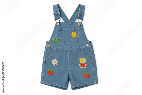 Cute denim overalls with cartoon patches isolated on a transparent background