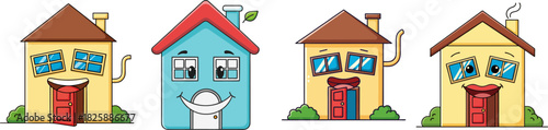 An endearing group of colorful cartoon houses, each showcasing a different emotion and character, illustrating a diverse and welcoming neighborhood