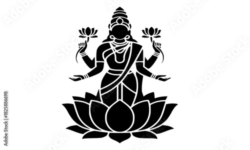 Goddess Lakshmi standing on large lotus black vector icon, stylized Hindu deity of wealth and fortune, spiritual Diwali symbol graphic design element