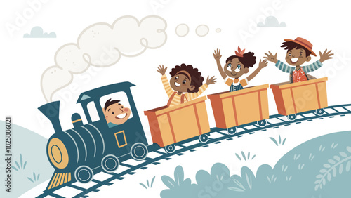 Cheerful kids riding a whimsical cartoon train, radiating joy and adventure, perfect for children's books or educational materials, originally scalable vector