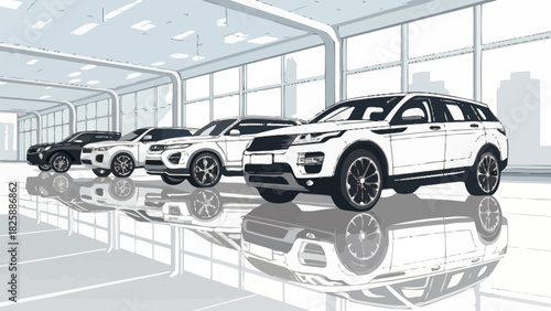 Luxury SUVs gleam in a modern showroom, reflecting prestige and automotive excellence, ideal for showcasing automotive design or a high end lifestyle