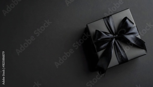 Top View Black Gift Box with Ribbon Bow on Isolated Black Background