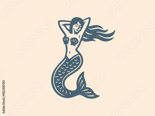 Mermaid bold engraved style vector illustration