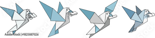 Flying origami bird illustration sequence depicting the paper folding stages, blue and white colors