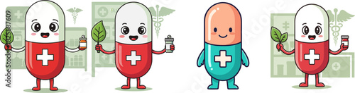 Adorable cartoon medicine capsules with cheerful faces, illustrating a harmonious blend of natural wellness and modern healthcare, featuring medical crosses and fresh leaves
