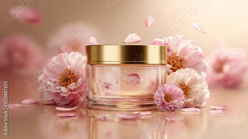 Pink flowers and cosmetic container