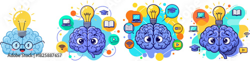 Clever Brain With Lightbulb, Graduation Caps, Laptops, And Books Symbolizing Knowledge, Learning, And Ideas