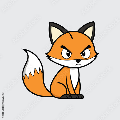 Cute Cartoon Fox Character Design with Angry Face Expression Vector Illustration on Plain Background Sitting Down View Looking Straight Ahead with Orange Body and White Belly