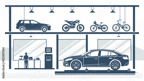 Auto service center offering car and bike maintenance, showcasing vehicle inspection and repair services in a professional and modern facility, vector design