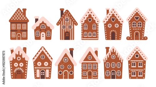 Gingerbread Houses With Decorative Glaze, Cute Christmas Cookie Designs Presented As Sweet Winter Holiday Elements, Traditional Festive Dessert Collection Created In Warm Detailed Vector Illustration