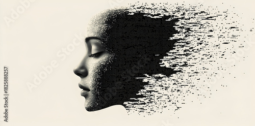 Fading human face merging with virtual digital realm, concept of distant memory, emotional digitization, and abstract consciousness transfer