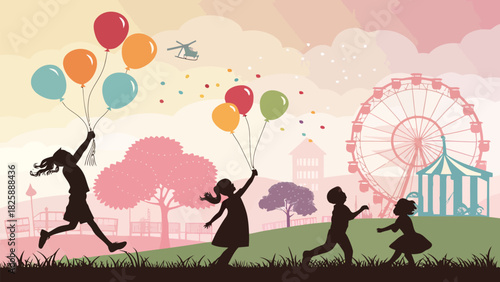 Joyful children with balloons run in a festive park, celebrating summer fun with carnival rides and a whimsical helicopter in the distance