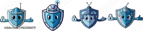 Cute Blue Shield Characters with Arms and Legs, Symbolizing Protection and Security