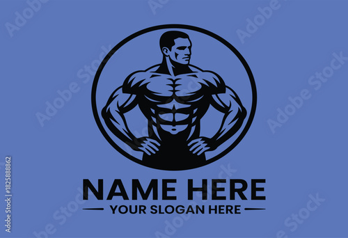 abstract fitness logo icon, minimalist vector silhouette of a muscular male figure on white background, ideal for gym branding, sports identity, health clubs, training studios, and modern fitness.