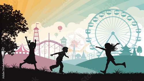 Whimsical childhood fun at the fair: Silhouetted kids running and playing with a Ferris wheel and roller coaster in the background, perfect for promoting joy