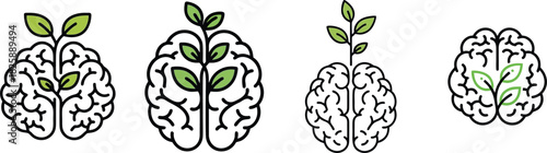 Brain growth and new ideas concept with sprouting plants inside human brain illustrations