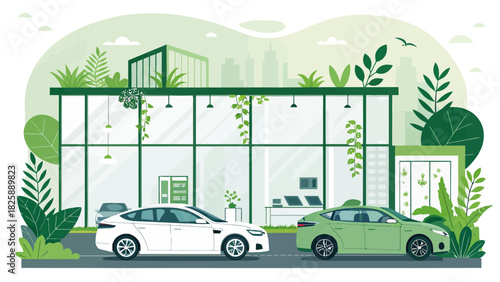Eco-Friendly Car Dealership with Electric Vehicles and Green Design Elements, Promoting Sustainable Transportation and Modern Automotive Technology